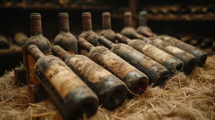 Old dusty wine bottles in a cellar with hay - obrazy, fototapety, plakaty