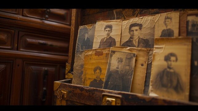 A collection of old photographs in a wooden box