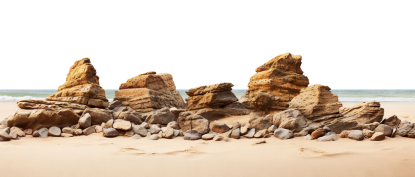 Varied rock formations arranged on a smooth sea sand surface, cut out