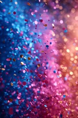Pink and blue confetti falling on a blurred background