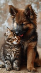 A fluffy brown puppy and a kitten are sitting together