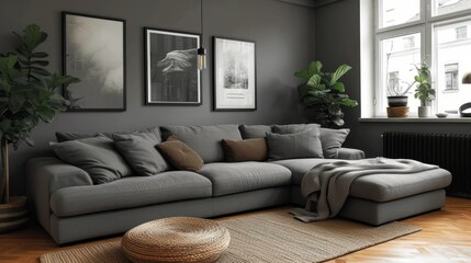 A gray couch in a living room with a gray wall and brown throw pillows