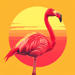 A logo illustration of a pink flamingo on yellow background. Created with generative AI.