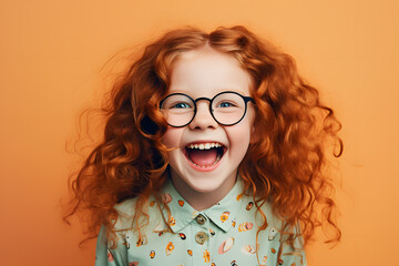 Obraz premium Happy laughing girl child with red hair and eyeglasses in front of studio background