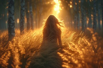 Girl with Long Blonde Hair Sitting in a Field of Tall Grass at Sunset - obrazy, fototapety, plakaty