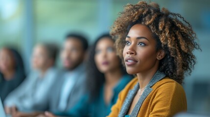 Obraz premium A young African-American woman with curly hair is sitting in a conference room with a group of people.