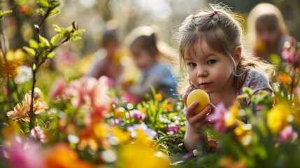 Joyful stock photo of a family Easter egg hunt in a blossoming spring garden, with children...