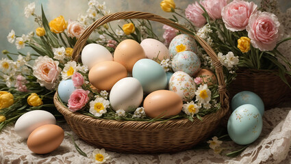 Wielkanocny Koszyk Pełen Jajek i Kwiatów - obrazy, fototapety, plakaty