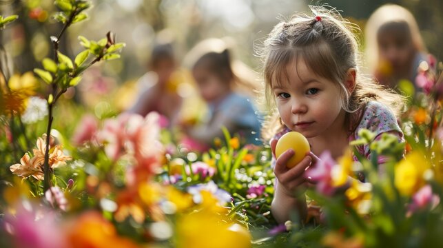 Joyful stock photo of a family Easter egg hunt in a blossoming spring garden, with children searching for colorful eggs among flowers, symbolizing the fun and excitement of the holiday