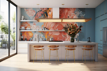 A kitchen featuring a statement art piece as a backsplash