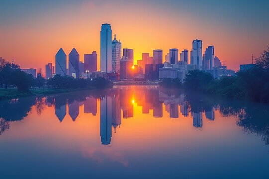 A vibrant cityscape of downtown Dallas, Texas during sunrise with a reflection on the Trinity River.