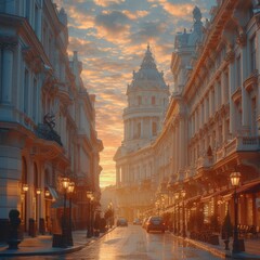 Fototapeta premium European style street with classical buildings and a golden sky
