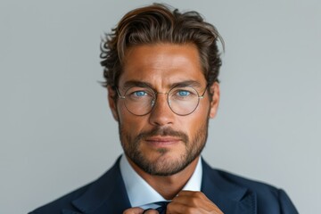 A man in a suit and glasses is adjusting his tie