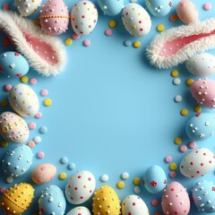 Colorful Easter eggs and bunny ears on a blue background