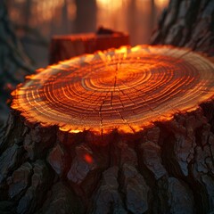 tree stump with glowing cross section under sunset light