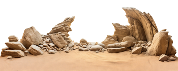 Varied rock formations arranged on a smooth sand surface, cut out