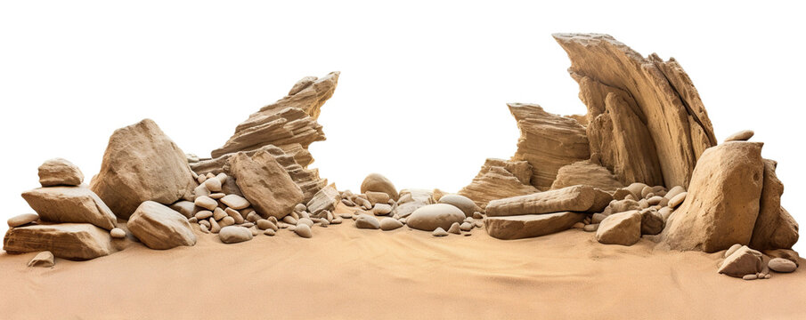 Varied rock formations arranged on a smooth sand surface, cut out