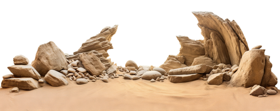 Varied rock formations arranged on a smooth sand surface, cut out