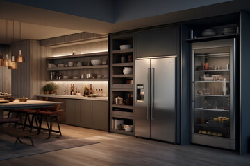 A kitchen with a hidden walk in pantry