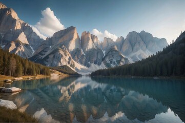 Beautiful view of The Lake Braies landscape (Lago di Braies , Pragser Wildsee) in Dolomites mountains, Sudtirol, Italy