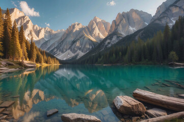 Obraz premium Beautiful view of The Lake Braies landscape (Lago di Braies , Pragser Wildsee) in Dolomites mountains, Sudtirol, Italy