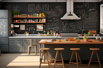 A kitchen with a wall of chalkboard paint for doodling