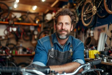 Papier Peint photo Vélo A rugged man in his workshop surrounded by tools and a bike against the wall, his weathered face showing years of hard work and determination