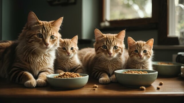 Close-up high-resolution image of adorable cats eat nutritious cat food in the kitchen. Perfect for cat food advertisement.