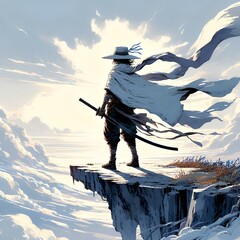 崖の上に立つ剣を装備した男性キャラクターのイラスト