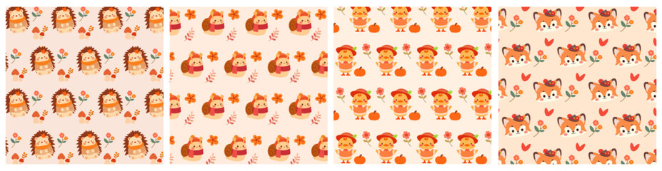 Cute autumn animal pattern. Set of 4 Cute Thanksgiving with doodles for autumn textile prints, wallpaper, scrapbooking, stationary, wrapping paper, packaging, etc.