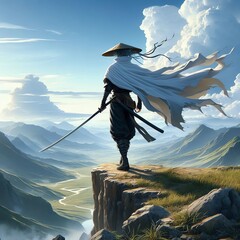 崖の上に立つ剣を構える男性キャラクターのイラスト