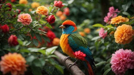 Fototapeta premium Close-up high-resolution image of an amazing bird in beautiful garden with colorful flowers.