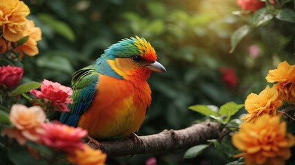 Naklejka premium Close-up high-resolution image of a gorgeous bird in tropical garden with colorful flowers.