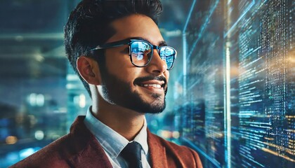 Software, data hologram and human with code analytics, information technology and gdpr overlay. Programmer coding or IT person in glasses reading html script, programming and cyber security research