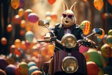Cool Easter Bunny in sunglasses and leather jacket on Scooter with easter eggs on background