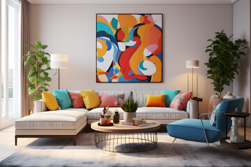 A living room with pops of color through vibrant throw pillow