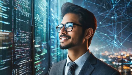 Fototapeta premium Software, data hologram and human with code analytics, information technology and gdpr overlay. Programmer coding or IT person in glasses reading html script, programming and cyber security research