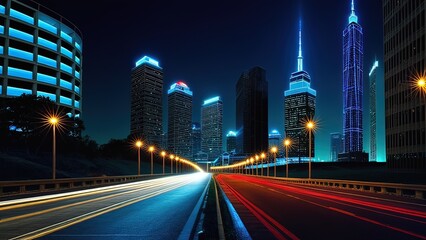 Fototapeta na wymiar Illuminated Skyscrapers and Radiant Highways in a Modern Metropolis”