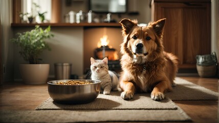 Close-up high-resolution image of cute cat and adorable puppy ready for some snacks in the kitchen. - obrazy, fototapety, plakaty