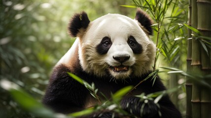 Fototapeta premium Close-up high-resolution image of a cute giant panda eating bamboo.