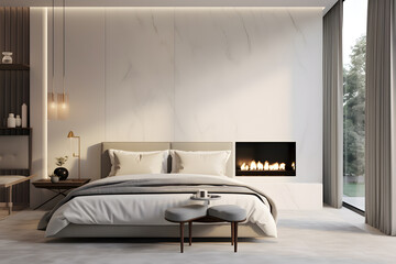 A master bedroom with a statement art piece wall
