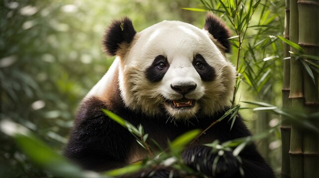 Close-up high-resolution image of a cute giant panda eating bamboo.