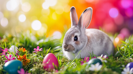 Fototapeta na wymiar イースターエッグに囲まれた可愛らしいウサギの背景素材