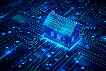 Abstract glowing house chip hologram on dark background. Smart home ai and information concept. 