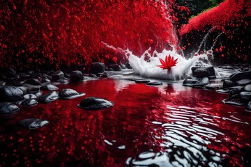 mmerse yourself in the tranquility of nature with an HD-captured image featuring a beautiful red water splash background, artistically captured by a high-quality camera