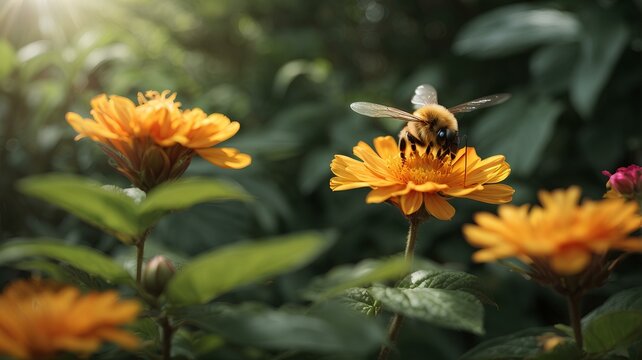 Close-up high-resolution image of a cute bee flying on top of a flower in the garden.