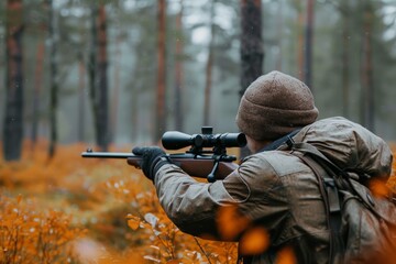 A lone man stands in the woods, armed with a rifle and ready for action as he takes aim with determination and precision