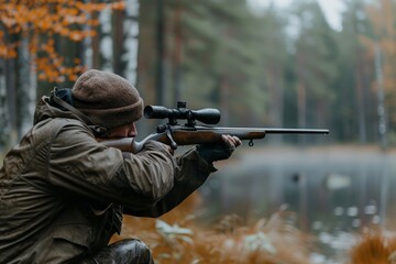 A determined marksman takes aim with a loaded rifle, ready to unleash his lethal accuracy in the outdoor shooting range