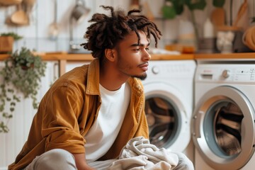 A man's weary face reflects in the shiny metal of his trusty kitchen appliance, as he sits in the laundry room, surrounded by piles of clothes waiting to be washed and dried by his faithful washer an