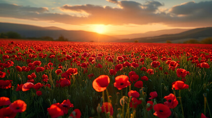 Fototapeta na wymiar A breathtaking view of a lush red poppy field illuminated by the warm glow of a setting sun, against a backdrop of serene mountains